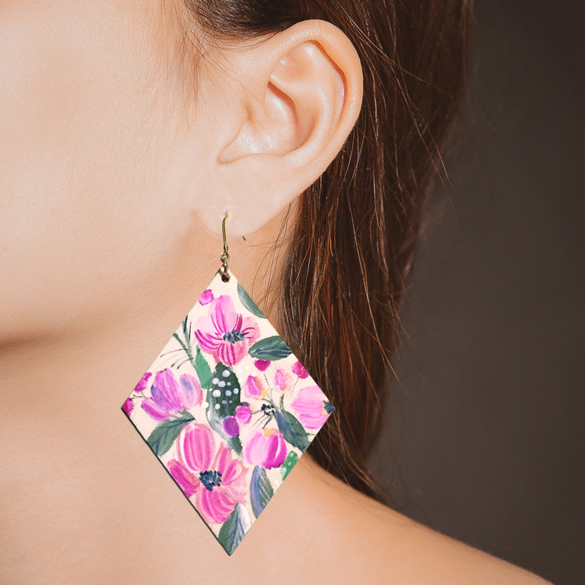 Hand Painted Wooden Diamond Earrings – Fuchsia Blooms