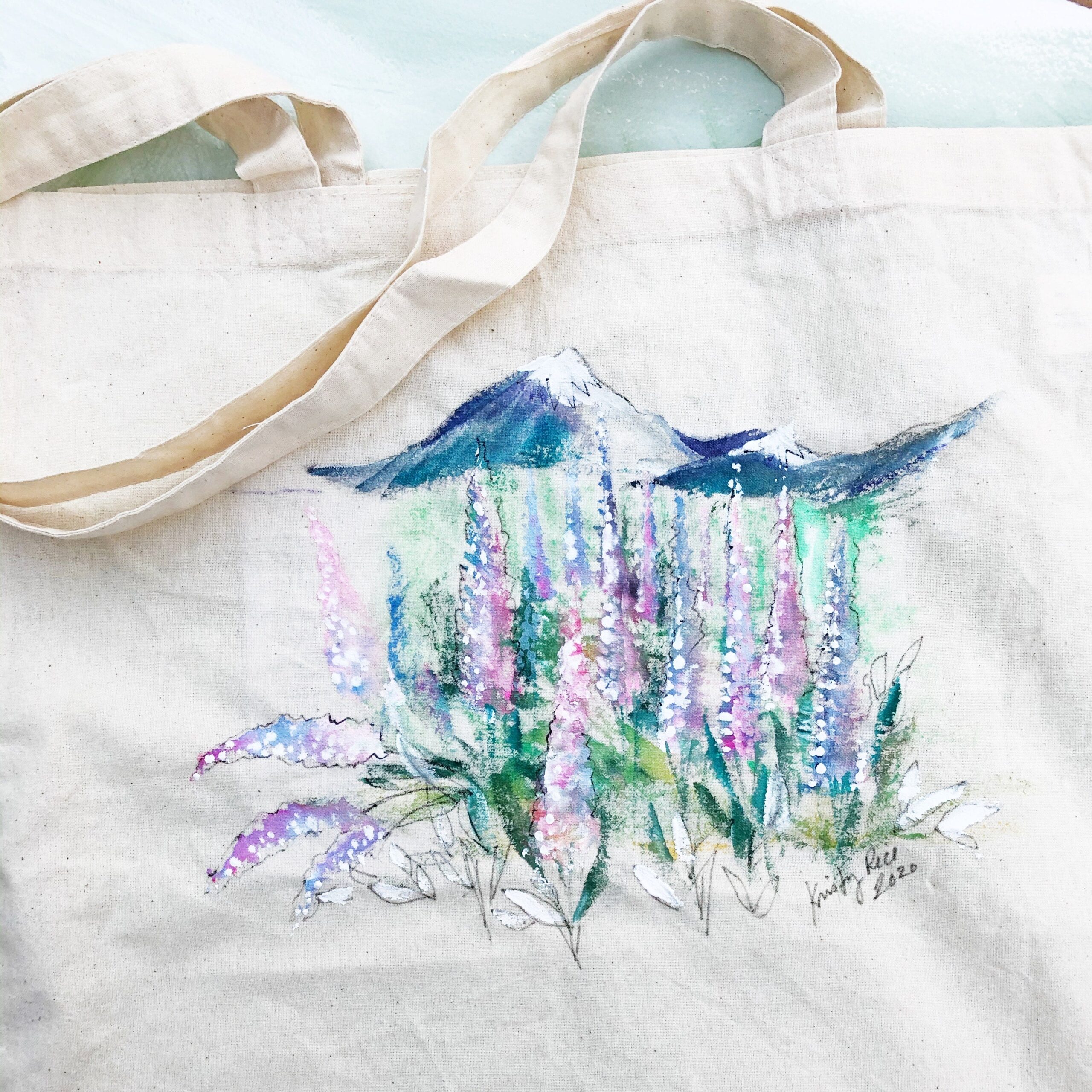 Hand Painted Canvas Tote Bag – Mountains and Lupine