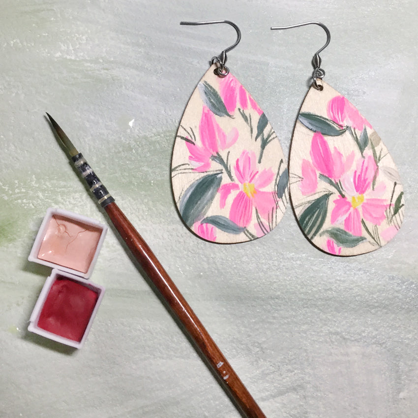 Hand Painted Wooden Teardrop Earrings – Pink Floral